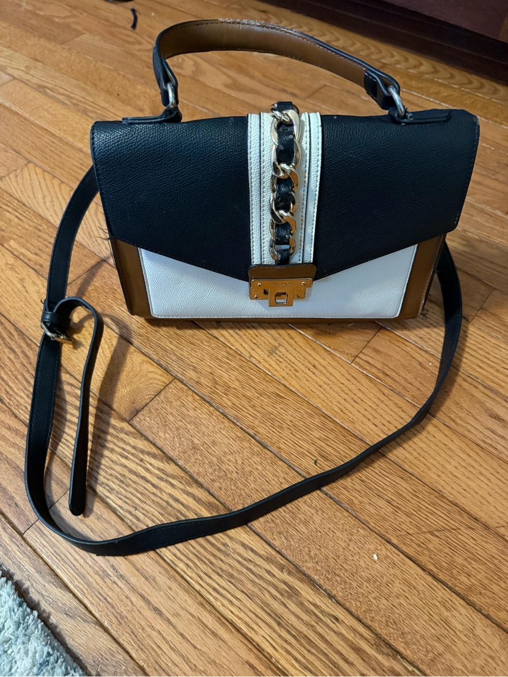 Also Black, White & Brown Chain Accent Top-Handle Bag
